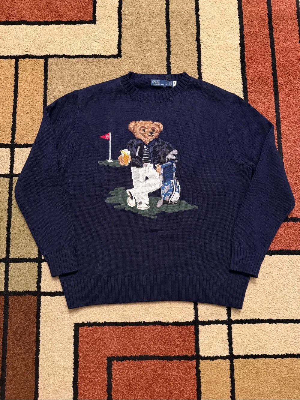 Ralph Lauren Navy Crewneck Sweater with Golf Bear Motif